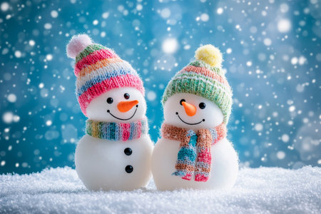 Adorable smiling snowmen in colorful knit hats on snowy hill with blue winter backgroundの写真素材