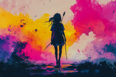 Anime inspired ink painting of a girl with an arrow, walking away in a colorful pastel sceneの写真素材