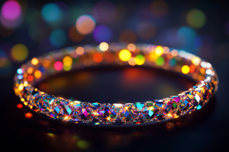 Stunning 3d render of a shiny bracelet illuminated by colorful bokeh on a dark backgroundの写真素材