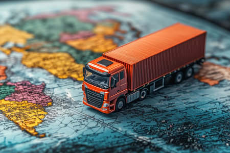 Vibrant miniature cargo truck with containers on world map illustrating global trade conceptの写真素材