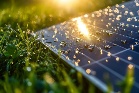Close up of solar panel with water drops on grass, reflecting sunlight renewable energy conceptの写真素材
