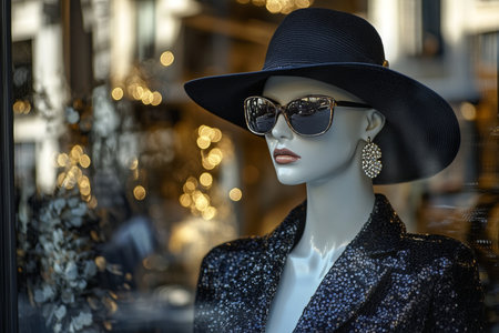Elegant black dress and hat displayed on mannequin in luxurious paris fashion store windowの写真素材