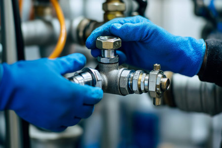 Close up of workers in blue gloves changing water pipe fittings in an industrial setting
