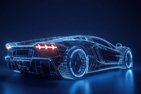 Intricate 3d wireframe model of a sports car with led illumination on a dark blue backgroundの写真素材