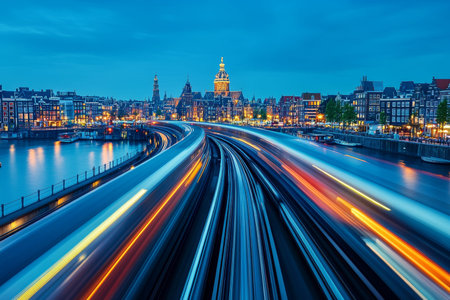 Dynamic night scene busy Amsterdam metro train with motion blur and cityscape in background