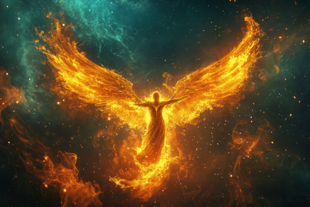 Fiery orange and yellow angel surrounded by glowing wings against a turquoise starry skyの写真素材