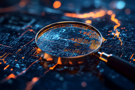 Magnifying glass on digital map a data visualization concept in 3d rendered illustrationの写真素材