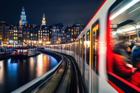 Dynamic night scene of a busy Amsterdam metro with city skyline and river ij in motion blurの写真素材