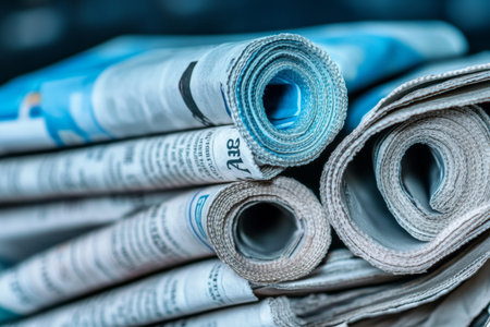 Close up of a pile of newspapers in blue and white tones with professional photography techniques