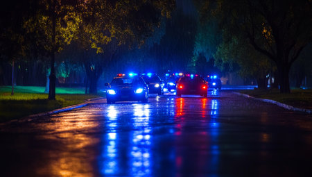 Police cars with flashing lights navigate a rainy night along an empty road by a green parkの写真素材