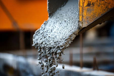 Close up of concrete being poured from a cement truck at a construction site with soft lightingの写真素材