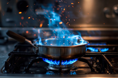 Captivating close up of a gas stove fire with blue flames and sparkling oil pot in kitchenの写真素材