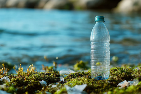 Close up of an abandoned plastic bottle on the beach highlights environmental pollution concernsの写真素材