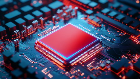 Close up of a glowing red and blue chip on a computer board with keyboard background in 3d render