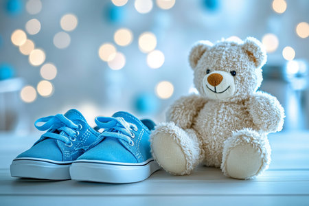 Charming baby blue shoes and teddy bear on white table for boy s birth celebration decorationの写真素材