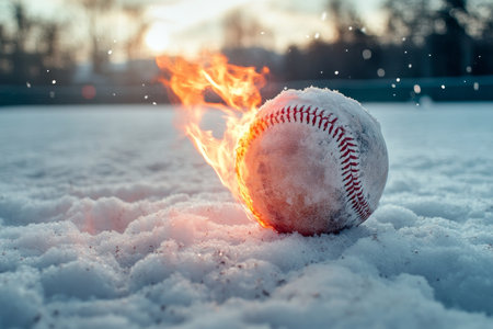 Close up of a fiery sphere on snowy baseball field with blurred background in photorealistic styleの写真素材