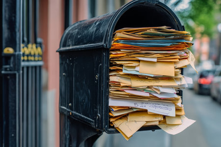 Overflowing mailbox on a sunny street a detailed capture of letters and envelopesの写真素材