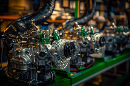 New compact car engines on production line in industrial factory with silver and green accents