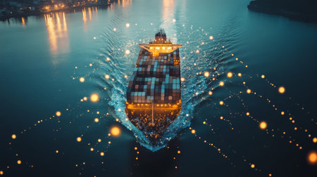 Aerial view of a cargo ship at sea with digital connections, symbolizing global logistics network.