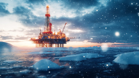 Arctic tundra oil rig winter landscape showcasing energy production at a seaport facility