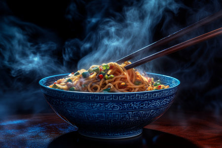 A bowl of steaming noodles with chopsticks surrounded by blue smoke against a dark backgroundの写真素材