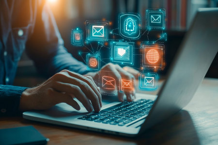 Businessman engaging with laptop displaying online education and ai icons in a noble color palette