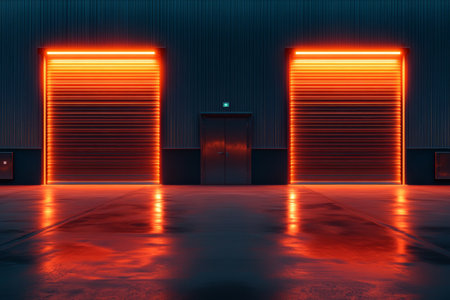 Nighttime view of three roller shutter doors illuminated by orange neon lights on a concrete floorの写真素材