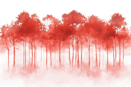 Red watercolor silhouette of trees against a white background in a panoramic perspectiveの写真素材