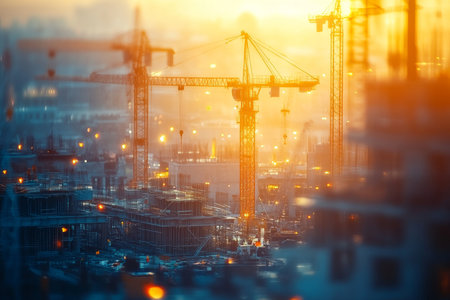 Golden hour at a construction site workers and cranes captured with tilt shift effectの写真素材
