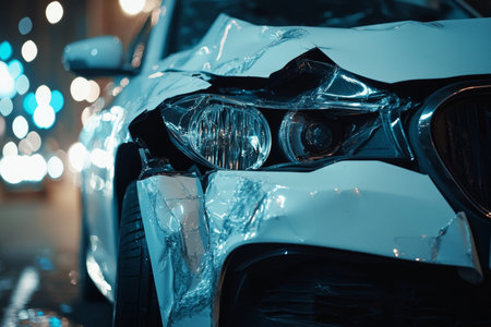 Close up view of a damaged white car after a collision, highlighting headlights and fender impact