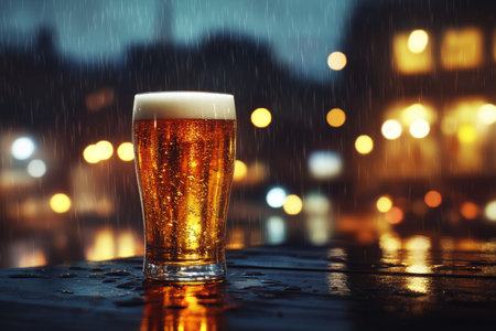 A photo realistic image of a beer glass on a table with rainy night lights in the background