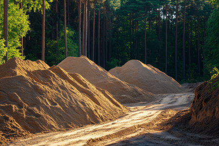 Construction site sand piles with lush forest background captured in realistic lightingの写真素材