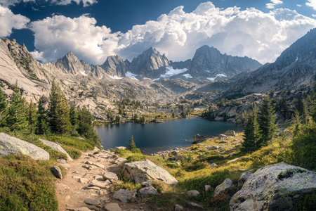 Majestic panoramic landscape featuring an alpine lake, towering peaks, and rocky trailsの写真素材