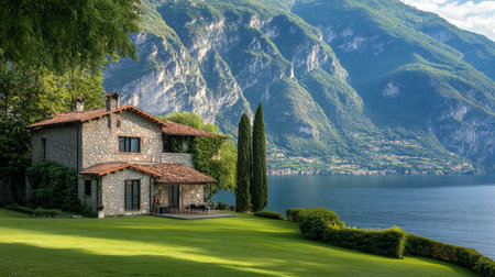 Scenic view of an ancient stone house by the lake surrounded by lush greenery and majestic mountainsの写真素材