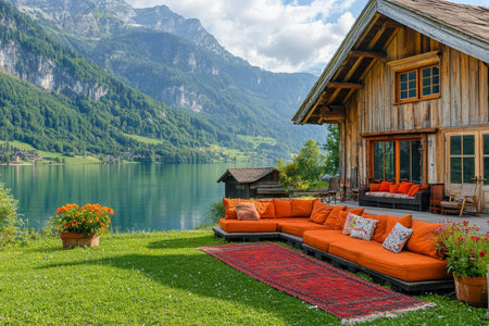 Serene wooden cabin by the lake surrounded by mountains with outdoor seating and colorful flowersの写真素材