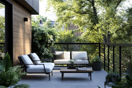 Charming small balcony with cushioned chairs and lush greenery for summer relaxationの写真素材