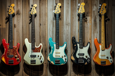 Six colorful bass guitars showcased on a wall in a captivating wide angle shot