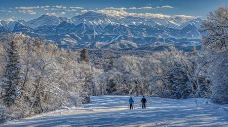 Skiers admire snowy peaks and scenic slopes at basalt resort amidst lush woodlands and clear skiesの写真素材