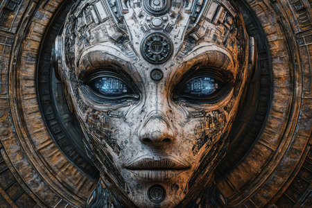 Intricate photorealistic alien humanoid face made of circuitry with a mandala backgroundの写真素材