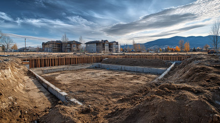 Concrete footings for apartment building in montana with visible stones and steel beam support