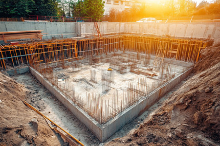 Wide angle view of modern concrete building foundation with steel frames and construction toolsの写真素材