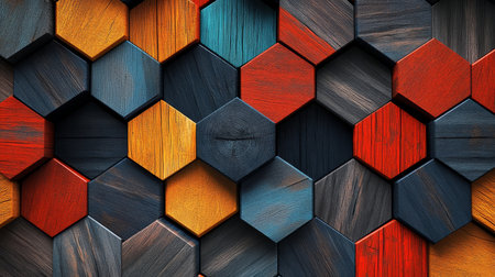 Colorful abstract geometric background featuring dark wood textures and cubes for modern designの写真素材