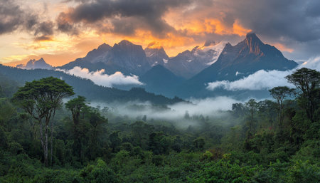 Enchanting landscape of majestic mountains with mist, dense forest, and dramatic sky at dawn