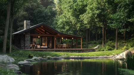 Charming rustic log cabin surrounded by lush nature and a serene pond, embracing cabincore aestheticの写真素材