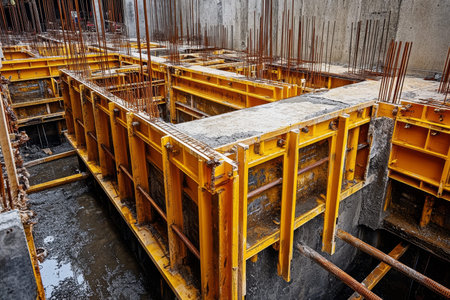 Construction site concrete pouring with steel forms and bright led lighting for detail enhancementの写真素材
