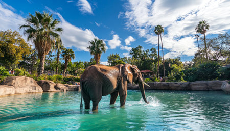 Elephant splashing in pool a tropical scene with palm trees and blue skyの写真素材