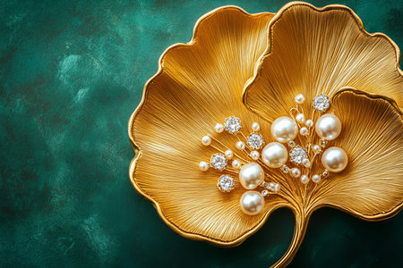 Elegant golden ginkgo leaf jewelry tray embellished with pearls and diamonds on green surface