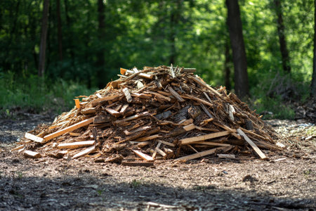 A scenic view of a woodpile in a forest with ample space for banner text or graphicsの写真素材