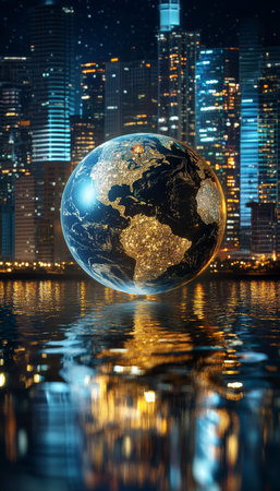 3d earth hologram above illuminated city skyline at night, symbolizing global connectivity and tech
