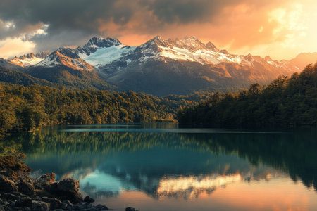 Breathtaking sunrise over snow capped mountains and turquoise waters surrounded by lush forests
